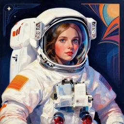 portrait of a young astronaut girl on a spacewalk, colorful, modern art deco, mads berg, karolis strautniekas, stippled light, fine texture, editorial illustration, dramatic lighting, dynamic composition, detailed, matte print