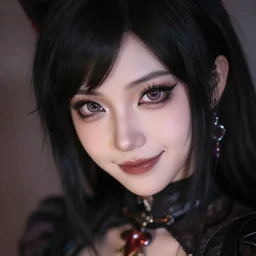 tracer from overwatch, wearing goth outfit, black hair, 4 k, detailed face, smirky expression, detailed face, focus on eyes, blur, beautiful lighting, low contrast,