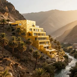 photo of a golden contemporary museum in a arid mountain, palm forest, cliff, river and valley, rammed earth, windows, 5 floors, trees and vegetation, snohetta, golden stones and color palette, sun rays, golden hour atmosphere, 8 0 k, octane,