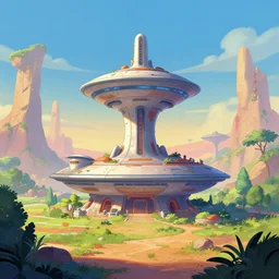 cartoon sci - fi building in a stunning landscape by marc davis, disney, storybook realism