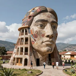 Barry Chuckle as neo-Andean architecture by Freddy Mamani, realistic human-building hybrid