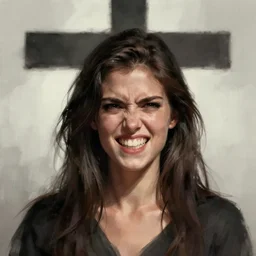 shameless woman whis impudent facial expression,  shadow of the cross, atmosphere, trending on artstation, highly detailed, digital painting, volumetric light, concept art, sharp focus, illustration