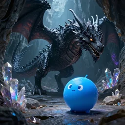 a little spherical blue slime looking to a giant black dragon inside a cave with magic crystals, hyperrealistic, digital art, concept art, octane render, unreal engine 5, trending on DeviantArt, trending on DeviantArt, highly detailed, high quality, 8K HDR, path traced, anatomically correct, geometric, cinematic, high coherence
