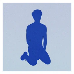 oxenfree risograph grainy simplified minimalist low poly rendering vintage advertising, wes anderson color palette, simplified man kneeling james gilleard full body character portrait