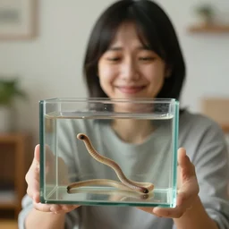 a person with a happy look on their face in a room holds up a glass box that keeps captive and isolates a worm that makes people feel sad and upset