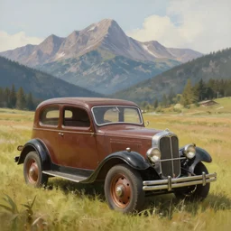old car in a field, mountains, detailed painting 4 k hd realistic digital painting artstation by paul bonner by aarons slim by cordal isaac