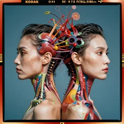 kodak portra, shintaro kago, studio light, fashion photography, symmetrical, head splitting in two showing exploded view anatomy, head neck shoulders, conjoined twin, victo ngai, kilian eng, vibrant colors, digital art, masterpiece, fantastically beautiful, inspired by beksinski, dan mumford, upscale with simon stalenhag work, artstation, 8 k