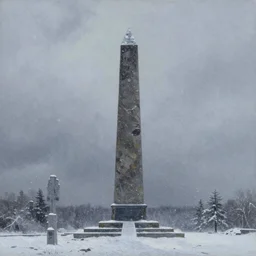 oil painting of an incredibly distant obelisk of obsidian stretching to the heavens during a snowstorm