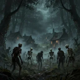 dangerous skeletons and zombies in a forest at night approaching a village, dnd, concept art, fantasy art, 4 k, artstation, misty