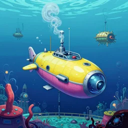 cyber funk, under water ocean exploration station and a pod submarine with robot arms in deep ocean, m. c. ecsher, moebius, bright color