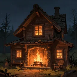 a cozy wooden house with a fireplace, at night, d & d concept art, d & d wallpaper, warm, digital art. art by james gurney and larry elmore.