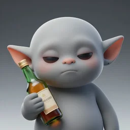 detailed closeup portrait of grey cute funny tired goblin holding bottle of alcohol, in the style of rob lefield and dan mumford, epic gradient, by atey ghailan, by greg rutkowski, by greg tocchini, by james gilleard, by joe fenton, by kaethe butcher, gradient orange yellow, black and white color scheme, grunge aesthetic, graffiti tag