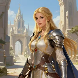 the elder scrolls vi a portrait of a blond elven princess warrior portrait near the epic entrance to a city. illustration by atey ghailan