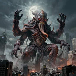 photorealistic cthulhu destroying a city