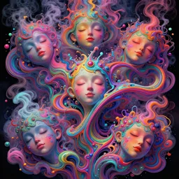 colorful liquid smoke morphing into happy sleeping faces, extremely colorful psychedelic experience, dmt, psilocybin, lsd, intricate, elegant, highly detailed, digital painting, artstation, smooth, sharp focus, illustration, art by hana yata, android jones, octane render, unreal engine, 8 k