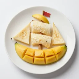 beautiful photo of a sailing ship made from mango, bananas and apple pieces on a white plate, dslr