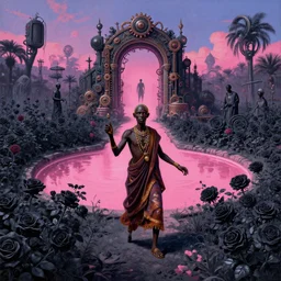 wide angle dynamic portrait of a dogon priest in a black rose garden with a pink pond and a steampunk portal, by mark ryden and todd schorr and mark davis in a surreal lowbrow style, digital paint, matte paint, vivid synthwave colors, breathtaking landsape