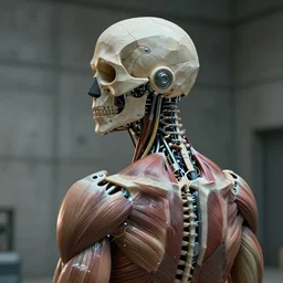 cinematic portrait of a mechanized geometric laterally expansive human cranium, exosquelotenized spinal cord, robotized muscular transmision, neck muscles, back muscles, arms muscles, head, exosqueletonized nervous system with hydraulics, inside a concrete room, cinematic photo