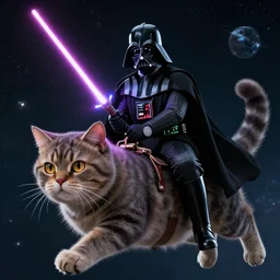Darth Vader with lightsaber in hand, riding a giant cat in space. cinematic