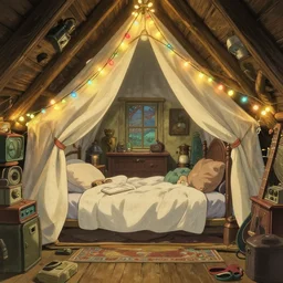 cozy attic packed with antiques and furniture, a tent made of bedsheet lit by colorful lightbulps, intricate Details, illustration , in the style of Studio ghibli, breath of the wild, myazaki, anime, clean render, denoise, rule of thirds