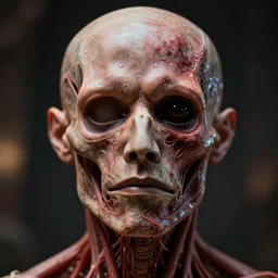 human face without skin, nerves exposed, anatomically correct, horror, scary, demonic, 4k, bokeh, professional photography