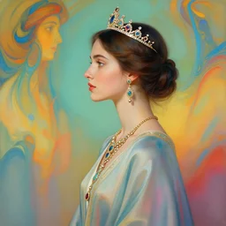 side profile, beautiful gilr with a tiara and jewelry, robes, elegant, concept art, smooth, ethereal background, vibrant colors, by greg rutkowski, jesper ejsing, ilya kuvshinov, artgerm, mucha