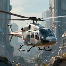 photorealistic cyperpunk helicopter, dystopia city buildings in the background