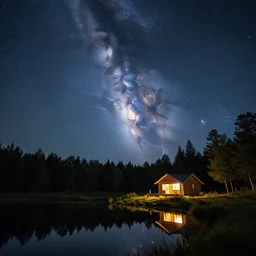 A photo of a cabin next to a pond at nighttime, the Milky Way and stars are above, the stars are reflected in pond , 4K high quality, high detail, high definition award winning photo.