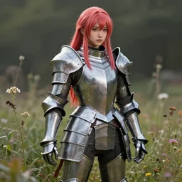 a masterpiece hyperrealistic ultradetailed fullbody photograph of a lifelike real human anime girl in full steel plate armor, surrounded by blooming weeds, gorgeous, vibrant hairs, visible skin pores, photoreal image, in the style of wlop, photoreal, overrendered, blender, unreal engine, extremely detailed, trending on artstation, sharp focus, 4 k