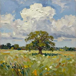 deep oil paint impasto relief of sussex summer field, raining, oak tree and cumulus clouds, thick heavy expressive paint
