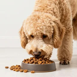 a photograph of a goldendoodle eating dogfood, crisp