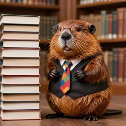 A dignified beaver wearing glasses, a vest, and colorful neck tie. He stands next to a tall stack of books in a library. dslr photo.