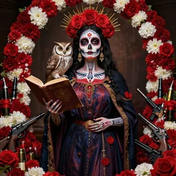 masterpiece of Santa muerte with a book in her hand, her owl on her shoulder, and all around there are  red and white flowers, guns and ammunitions offered by devotees + no crop, digital visionary art, extremely high detail, post processed,