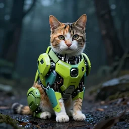 moody atmospheric render of a cyborg calico cat with a chartreuse and teal color scheme by leon tukker