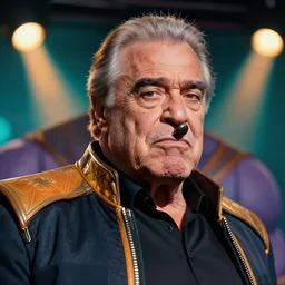 closeup of danny devito as thanos by greg hildebrandt, by peter kemp, stage lights, teal orange, trending on behance