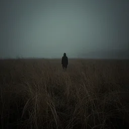 lonley standing in the middle of a wild tenebrous steppe, dry grass, foggy,haunted, dark, creepy, Silent Hill style, lonely vibe, silent hill vibe