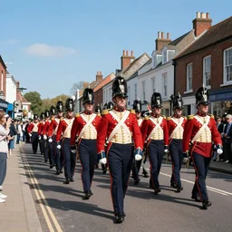 a victorian army parade down a town street, blue sky, sunny, detailed, volumetric, cinematic lighting, realistic, digital art by greg rukowski