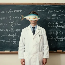 fish human hybrid wearing a lab coat standing in front of a blackboard covered in scientific notation kodachrome washed out color vintage