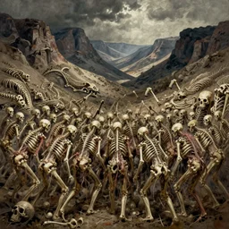 prophecy, amazing concept painting by Jessica Rossier and HR giger and Beksinski, the middle of a valley; it was full of bones,  bones that were very dry, there was a noise, a rattling sound, and the bones came together, bone to bone , I looked, and tendons and flesh appeared on them and skin covered them, but there was no breath in them and breath entered them, they came to life and stood up on their feet a vast army