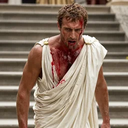 1 9 6 0 s movie still close - up of caligula in a white toga bleeding heavy on ancient stairs, cinestill 8 0 0 t 3 5 mm, high quality, heavy grain, high detail, dramatic light, anamorphic