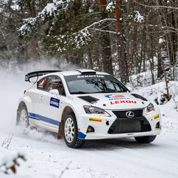 a 2 0 1 1 lexus ct 2 0 0 h, racing through a rally stage in a snowy forest