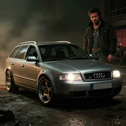 Audi A4 B6 Avant (2002), a post apocalyptic, dramatic lighting, cinematic, establishing shot, extremly high detail, photorealistic, cinematic lighting, artstation, style by greg rutkowsky, Max Payne (PC) (2001)