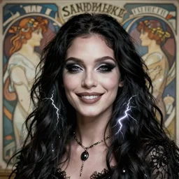 beautiful portrait of wyona rider as death from sandman, gentle smile, by cedric peyravernay, alphonse mucha, by jeremy mann, by lecouffe deharme, goth chic, soft lightning, eyeliner, punk rock, high detailed, 8 k