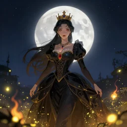 queen of the night surrounded by fireflies with the fullmoon in the background, highly detailed, artgerm style, artstation, soft light, sharp focus, illustration, character design, concept art