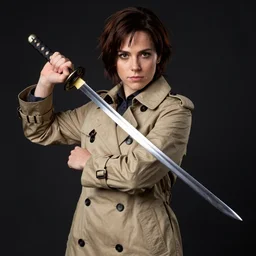 cassandra cain wielding a katana, wearing a trenchcoat | |, realistic shaded, pleasant face, fine details, medium shot, portrait, realistic shaded lighting poster by greg rutkowski, artgerm, kyoto animation and alphonse mucha
