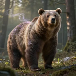 large bear with magical marks and wisps of magic, forest in background, early morning light, painted by greg rutkowski