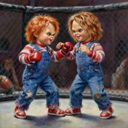 the doll chucky cage fighting the doll annabelle in an epic mma fight, oil painting, by greg rutkowski