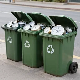 recycling bins full of clocks on the street 4 k realistic
