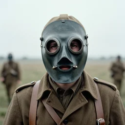 a man at wearing plague doctor mask in distance, ww1 film photo, grainy, high detail, high resolution