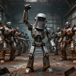 a realistic crazy robot wearing a welding helmet, welding helmet head, one fist raised high in triumph, raised fist, standing in front of an army of robots inside a huge rusty dingy warehouse, deadly robots, raygun gothic, atomic punk, digital art, detailed render